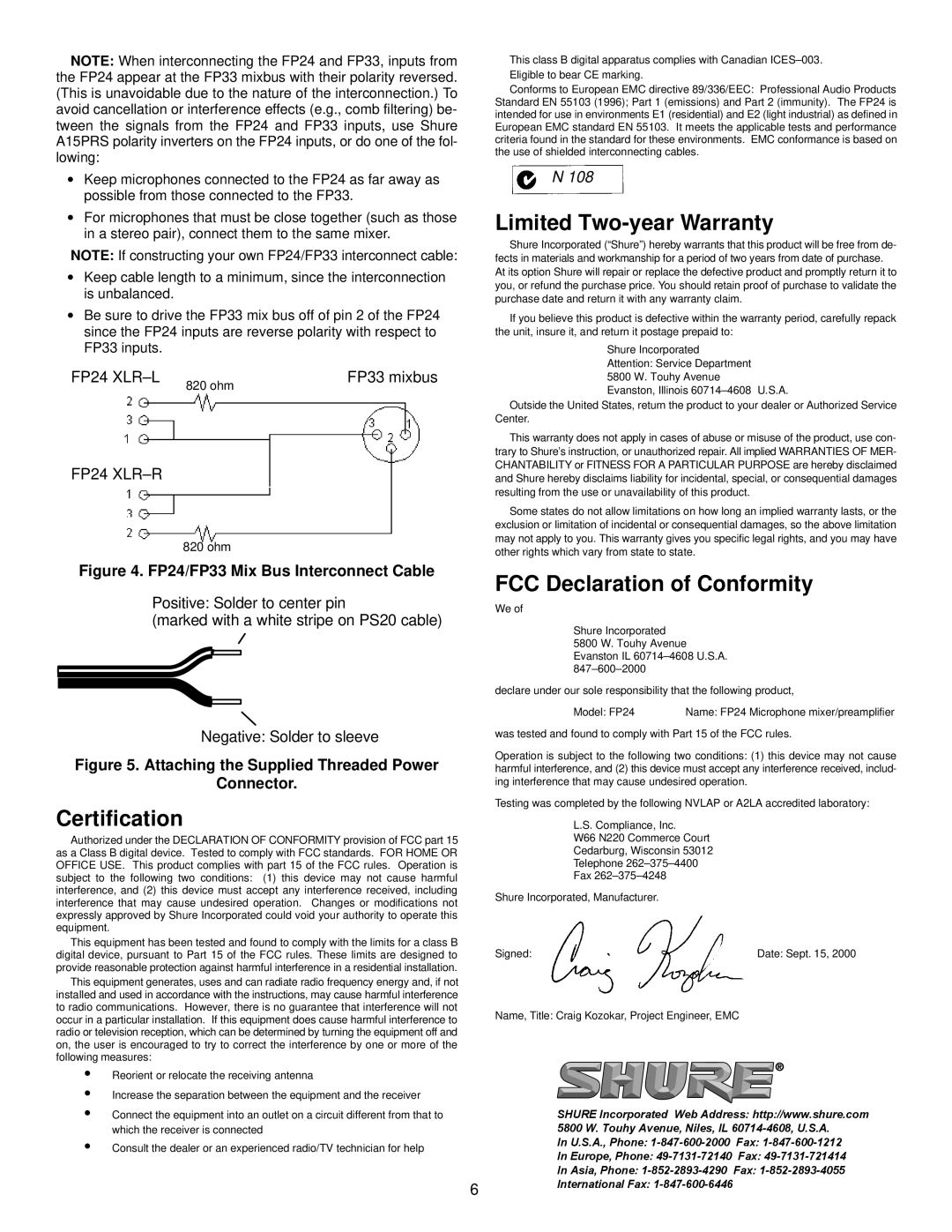 Shure FP24 manual Limited Two-year Warranty, Certification, FCC Declaration of Conformity 