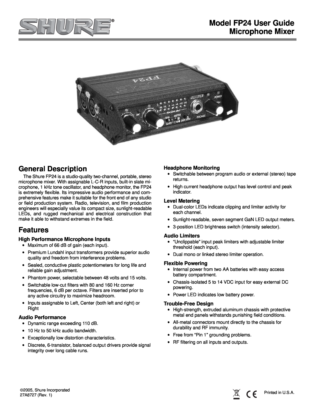 Shure FP24 manual General Description, Features, High Performance Microphone Inputs, Audio Performance, Level Metering 