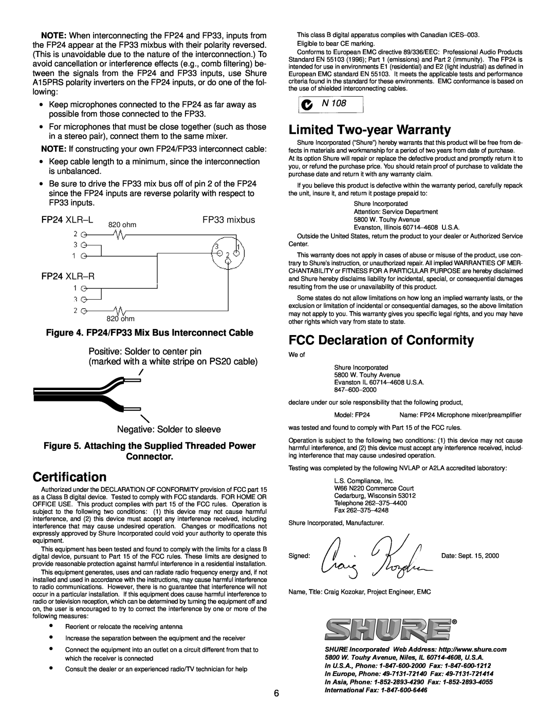 Shure Limited Two-year Warranty, Certification, FCC Declaration of Conformity, FP24/FP33 Mix Bus Interconnect Cable 