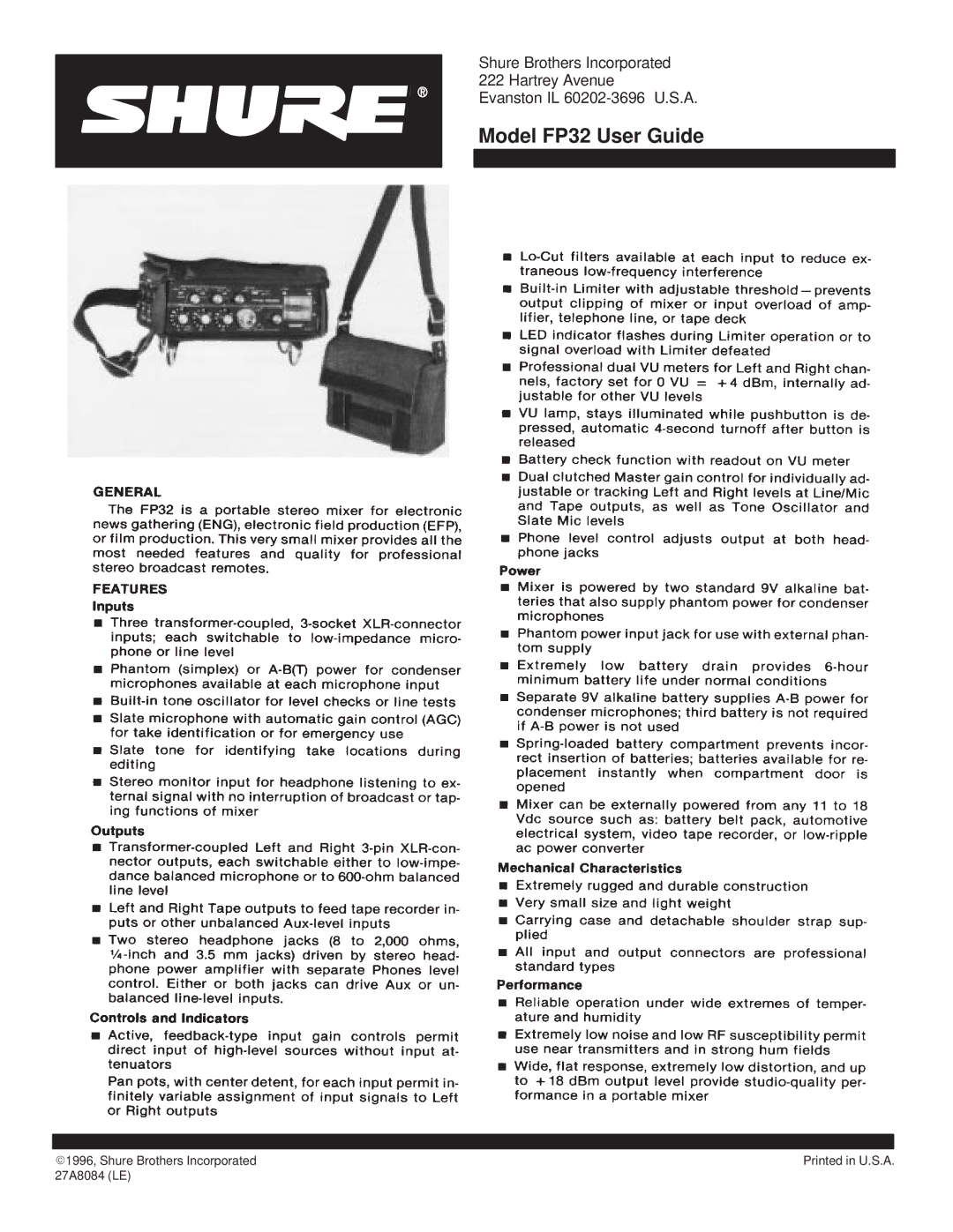 Shure manual Model FP32 User Guide 