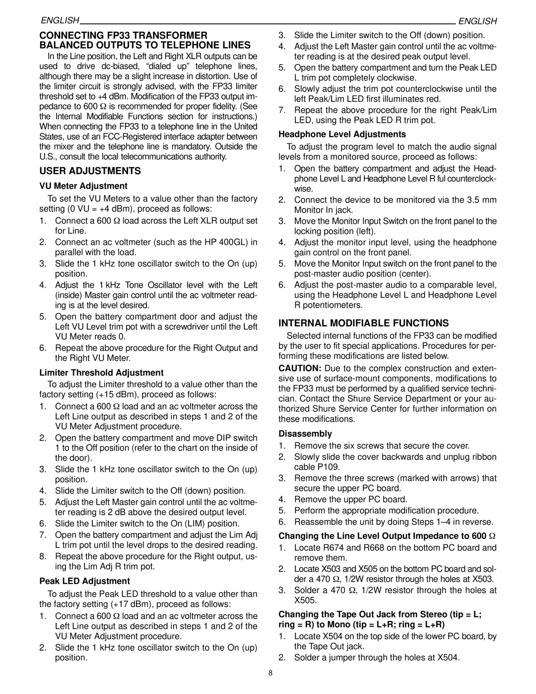 Shure FP33 manual User Adjustments, Internal Modifiable Functions 