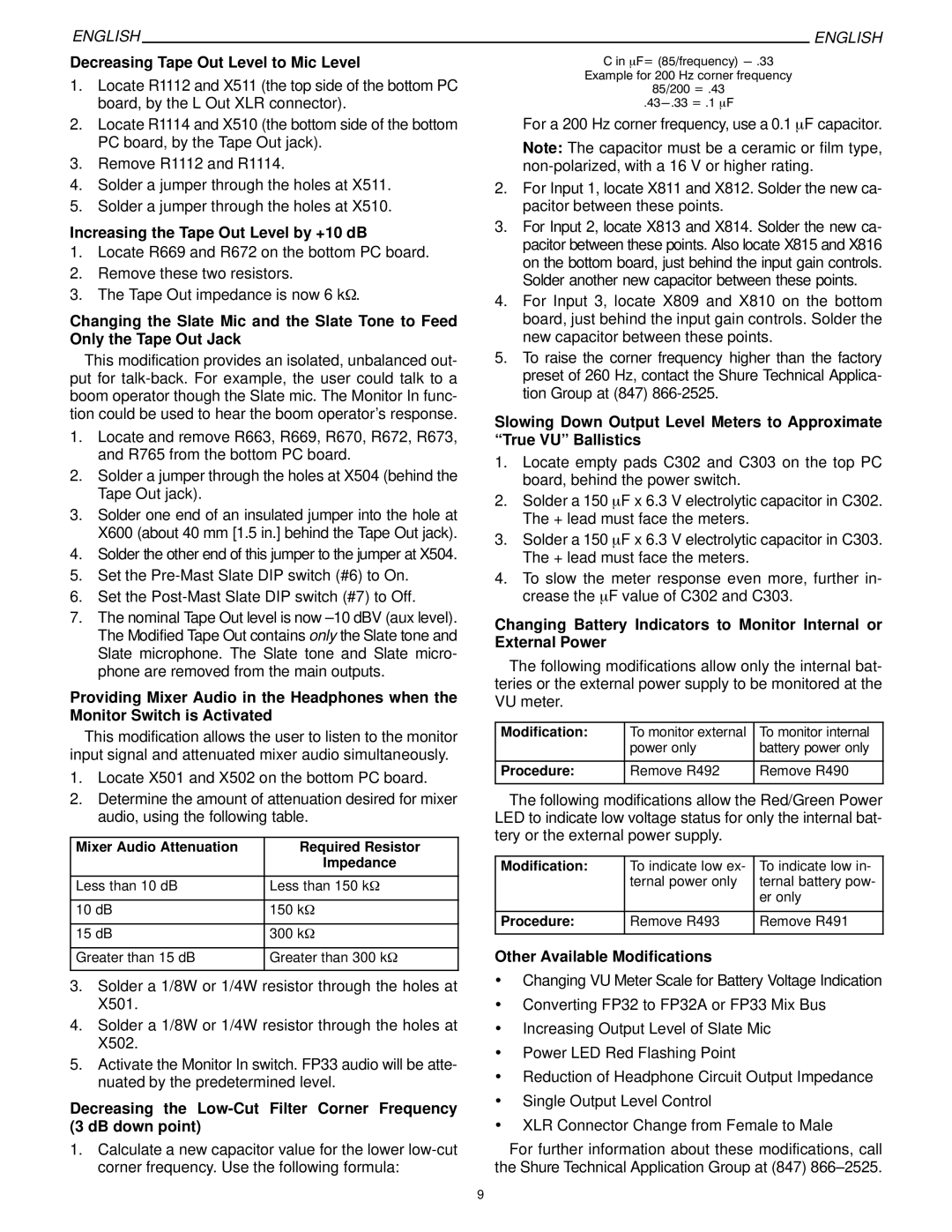 Shure FP33 Decreasing Tape Out Level to Mic Level, Increasing the Tape Out Level by +10 dB, Other Available Modifications 