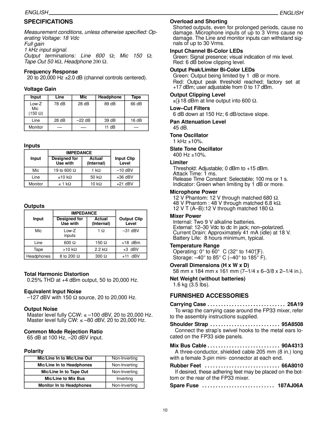 Shure FP33 manual Specifications, Furnished Accessories 