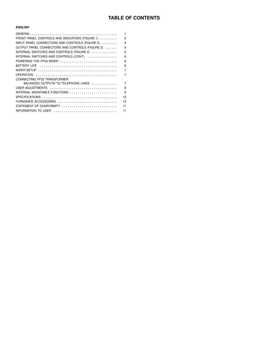 Shure FP33 manual Table of Contents 