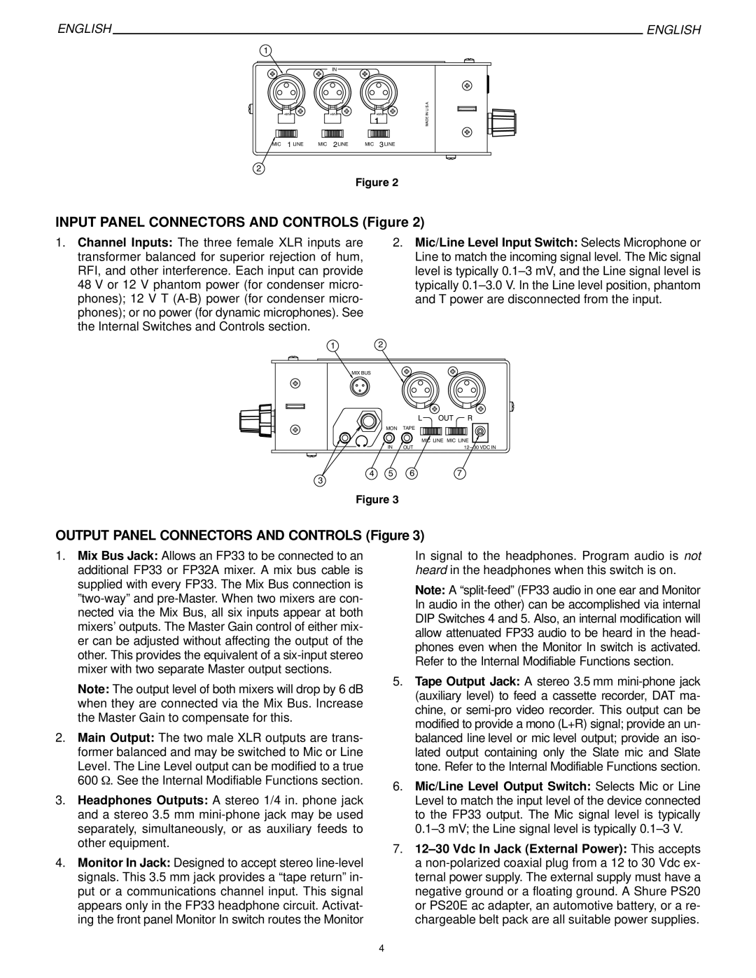 Shure FP33 manual Input Panel Connectors and Controls Figure, Output Panel Connectors and Controls Figure 