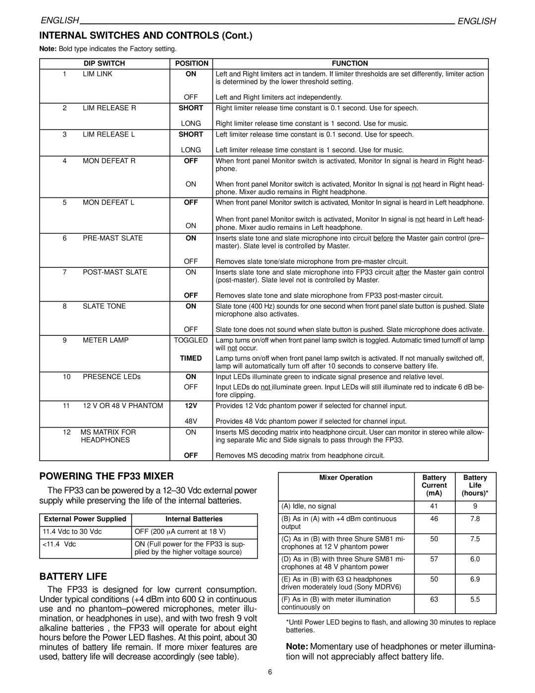 Shure manual Internal Switches and Controls, Powering the FP33 Mixer, Battery Life 
