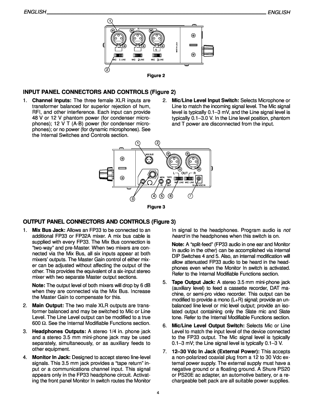 Shure FP33 manual INPUT PANEL CONNECTORS AND CONTROLS Figure, OUTPUT PANEL CONNECTORS AND CONTROLS Figure, English, Out R 