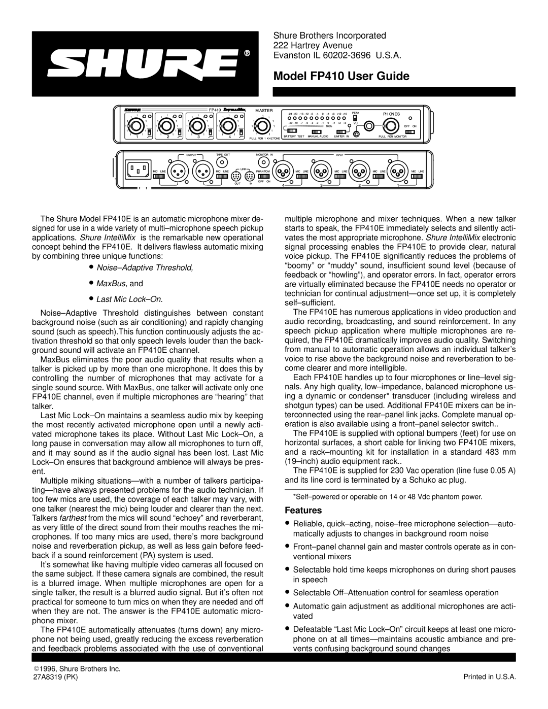 Shure manual Model FP410 User Guide, Features 