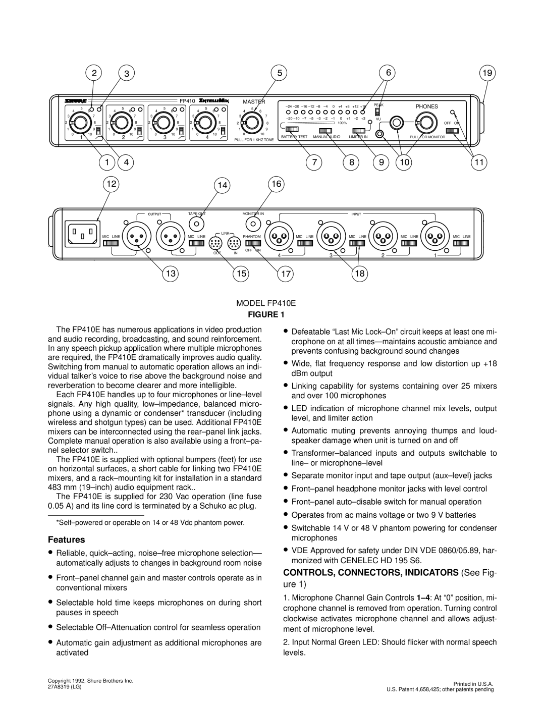 Shure FP410 manual CONTROLS, CONNECTORS, Indicators See Fig, Phones 