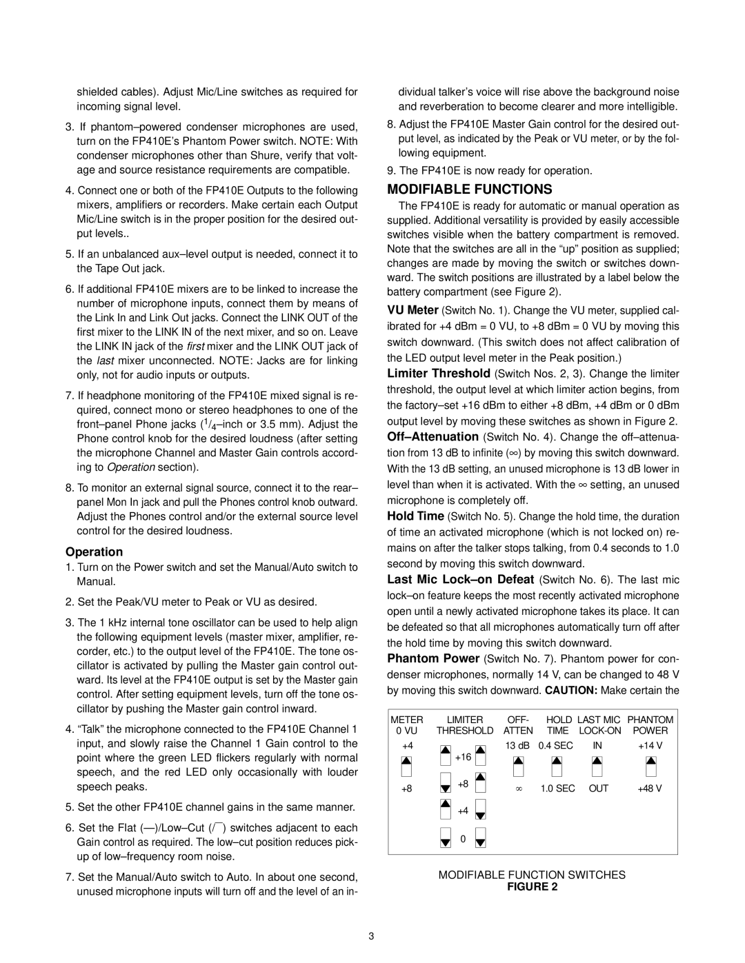 Shure FP410 manual Modifiable Functions, Operation 