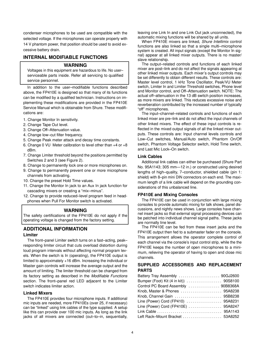 Shure manual Limiter, Linked Mixers, Link Cables, FP410E and Mixing Consoles, Supplied Accessories and Replacement Parts 