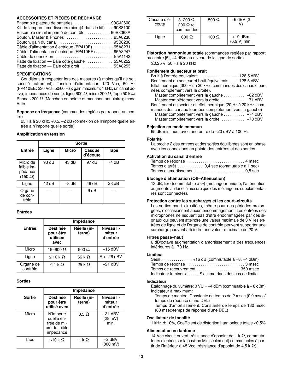 Shure FP410 manual Accessoires ET Pieces DE Rechange, Specifications 