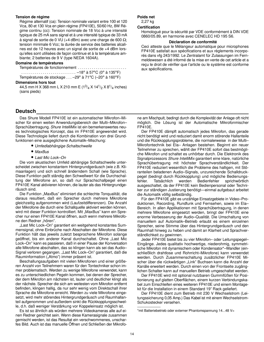 Shure FP410 manual Tension de régime, Domaine de températures, Dimensions hors tout, Poids net, Certification 