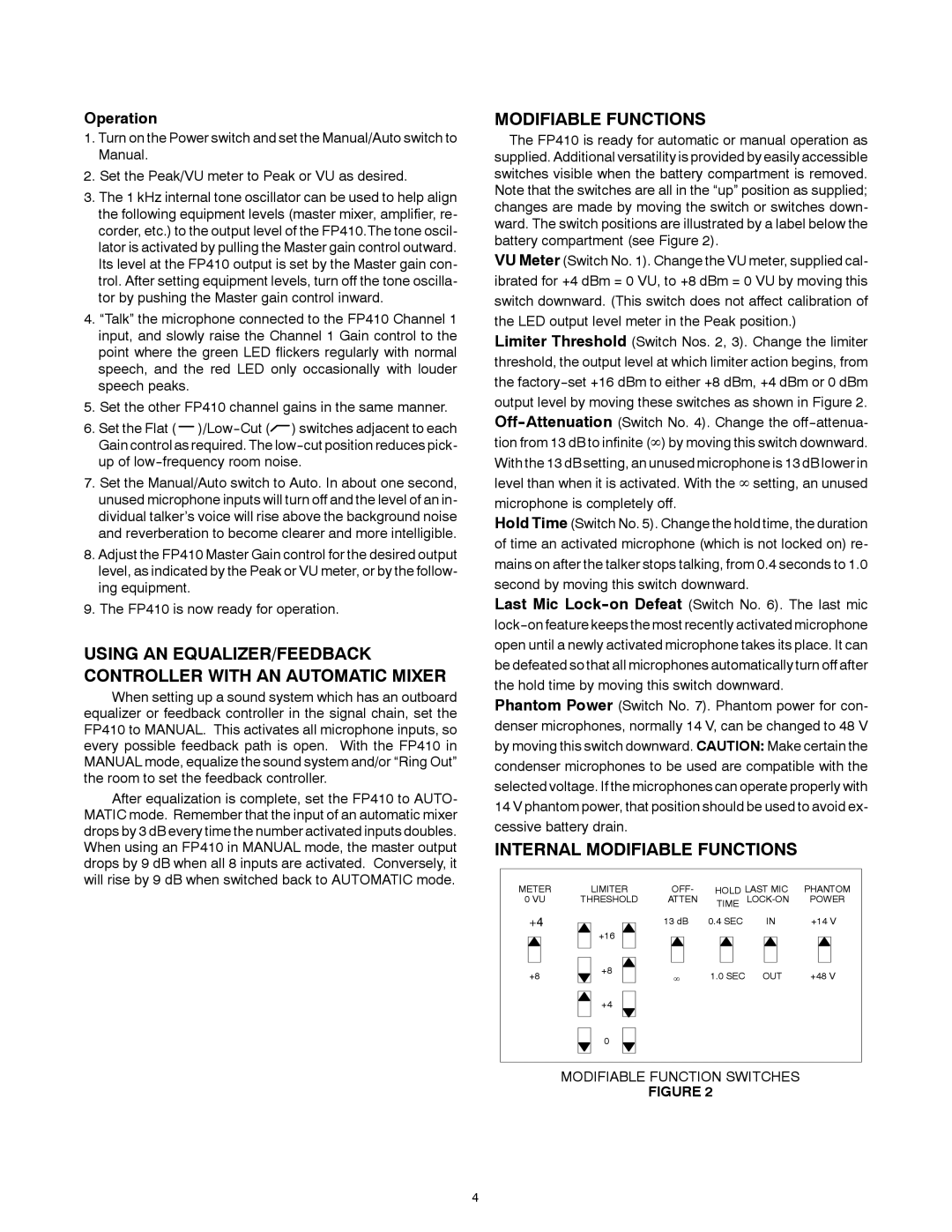 Shure FP410 manual Modifiable Functions 