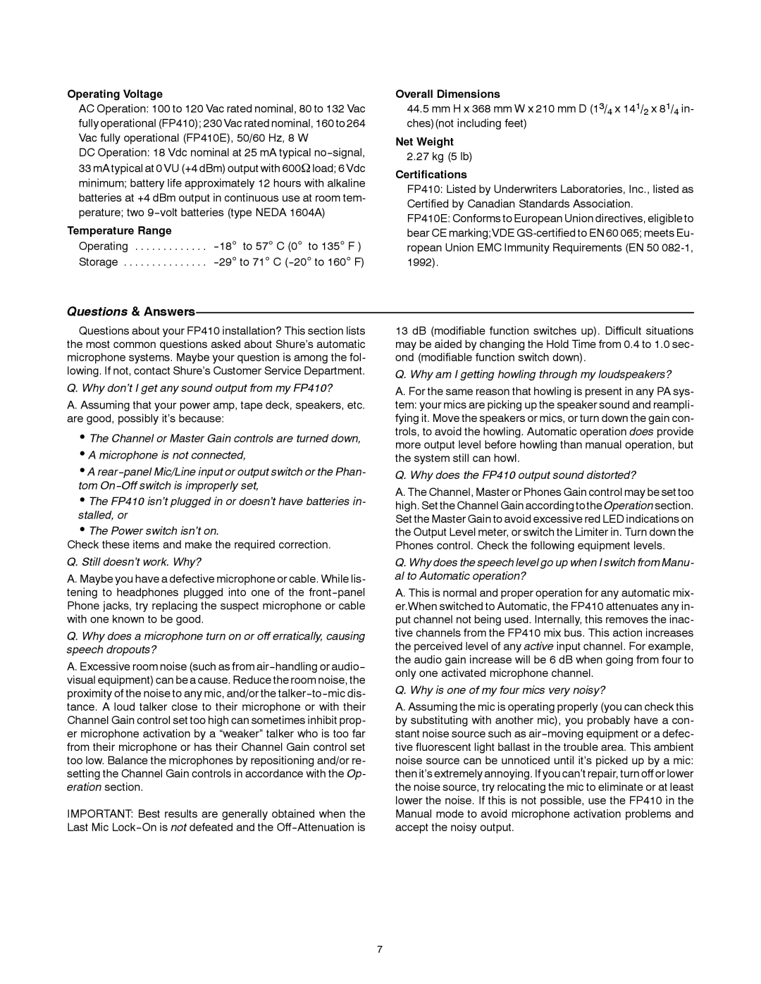 Shure FP410 manual Operating Voltage, Temperature Range, Overall Dimensions, Net Weight, Certifications 