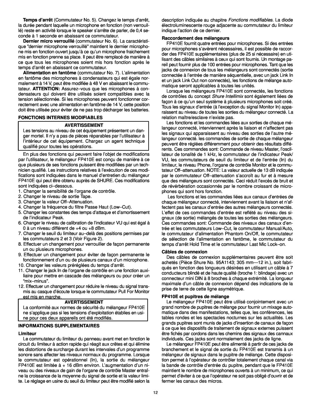 Shure FP410 manual Fonctions Internes Modifiables Avertissement, INFORMATIONS SUPPLEMENTAIRES Limiteur, Câbles de connexion 