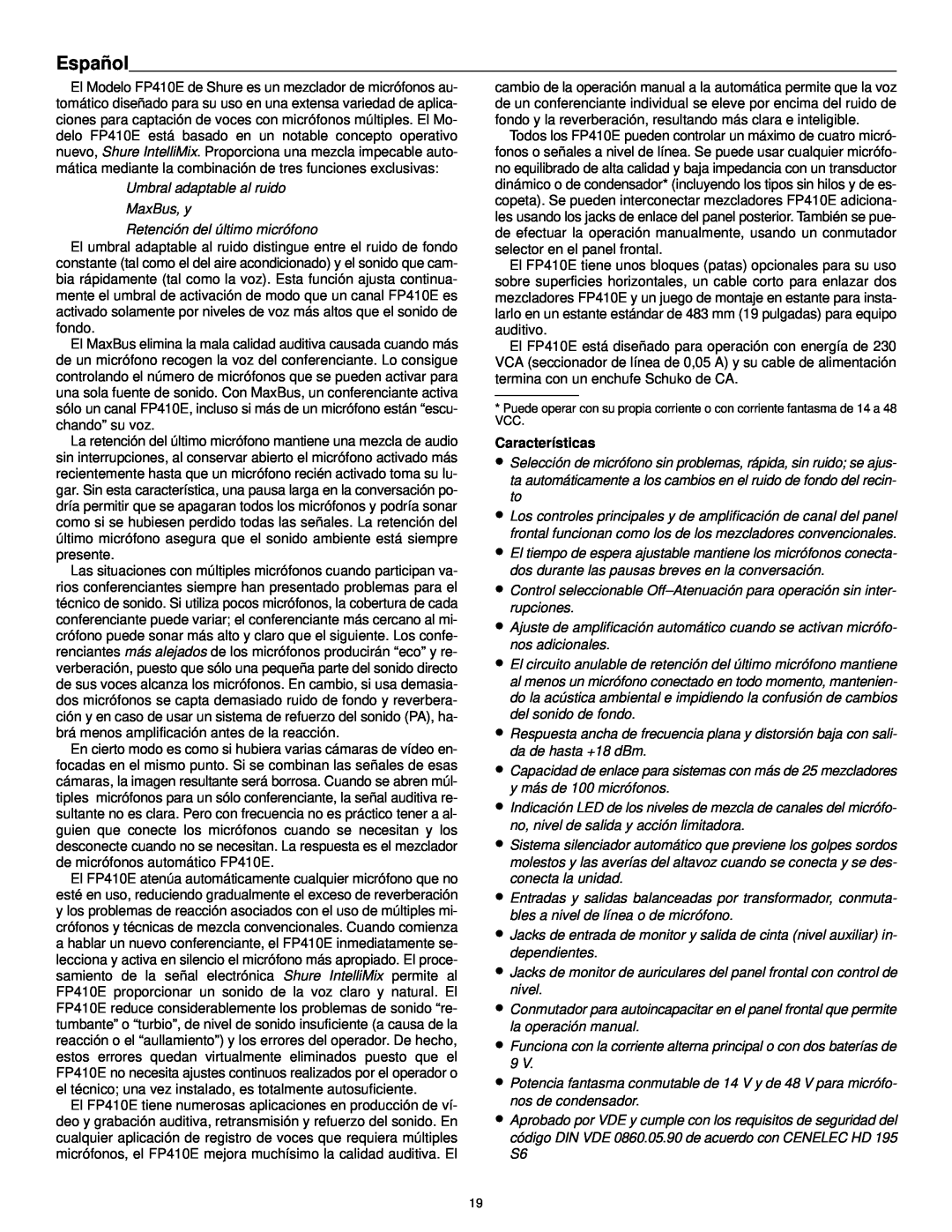 Shure FP410 manual Español, Características 