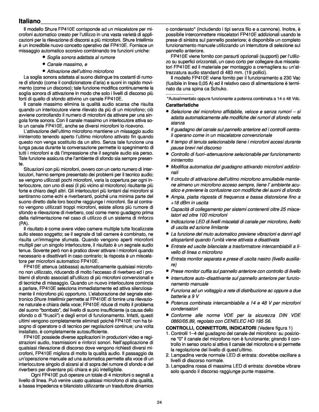 Shure FP410 manual Italiano, Caratteristiche, CONTROLLI, CONNETTORI, INDICATORI Vedere figura 