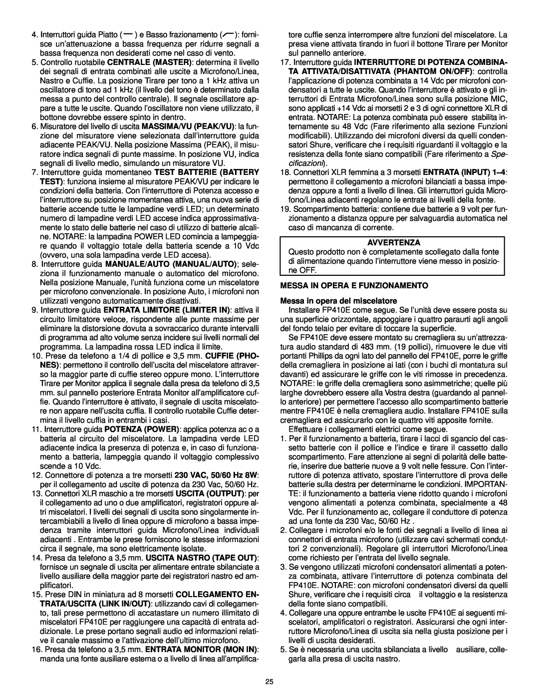 Shure FP410 manual Avvertenza, MESSA IN OPERA E FUNZIONAMENTO Messa in opera del miscelatore 