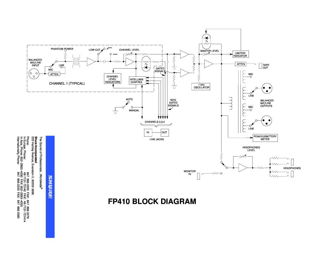 Shure manual FP410 BLOCK DIAGRAM, CHANNEL 1 TYPICAL, Shure Incorporated 222 Hartrey Avenue,Evanston 