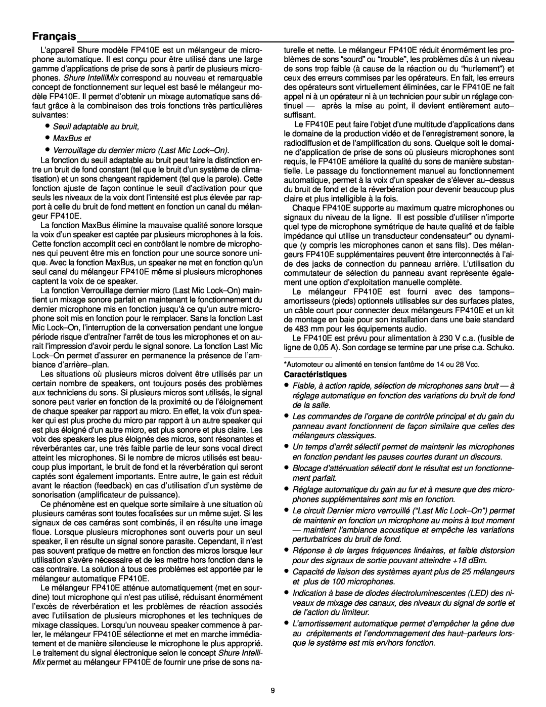 Shure FP410 manual Français, Caractéristiques 