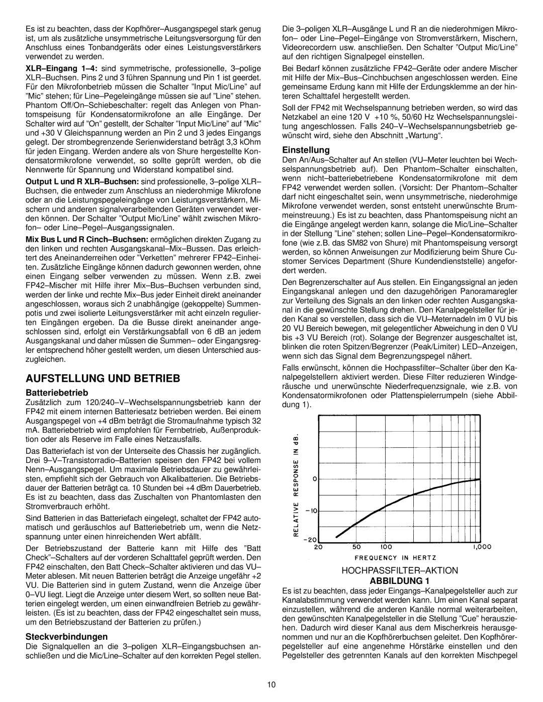 Shure FP42 manual Aufstellung UND Betrieb, Batteriebetrieb, Steckverbindungen, Einstellung, Abbildung 