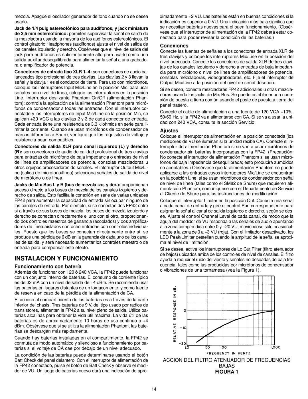 Shure FP42 manual Instalacion Y Funcionamiento, Funcionamiento con batería, Conexiones, Ajustes 