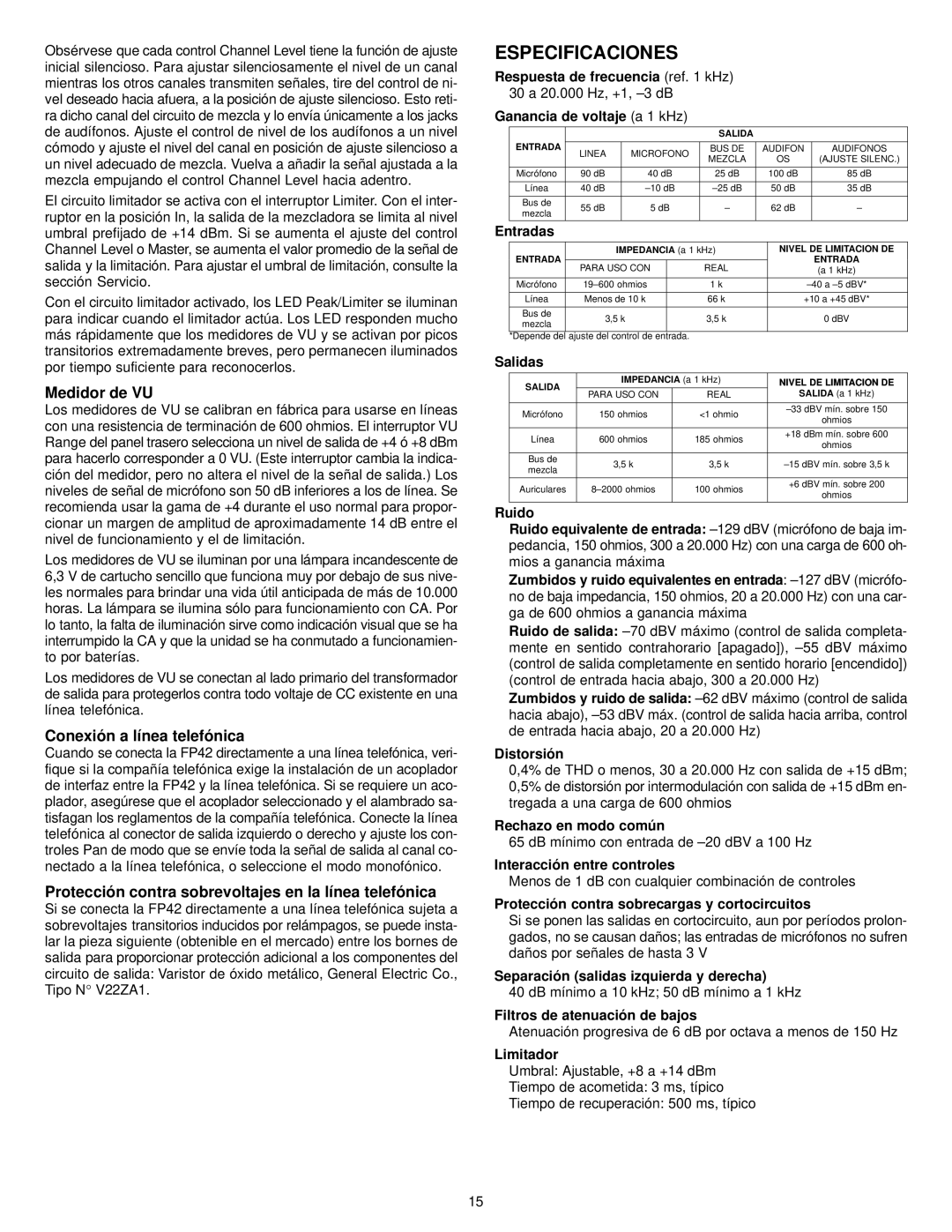 Shure FP42 manual Especificaciones, Medidor de VU, Conexión a línea telefónica 