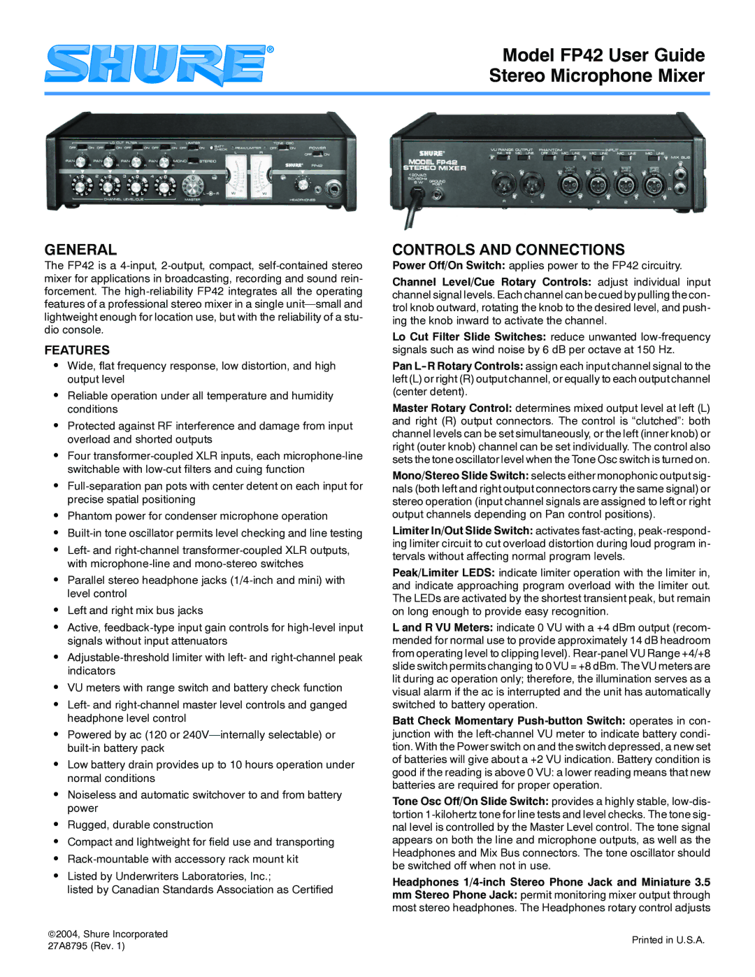 Shure FP42 manual General, Controls and Connections, Features 