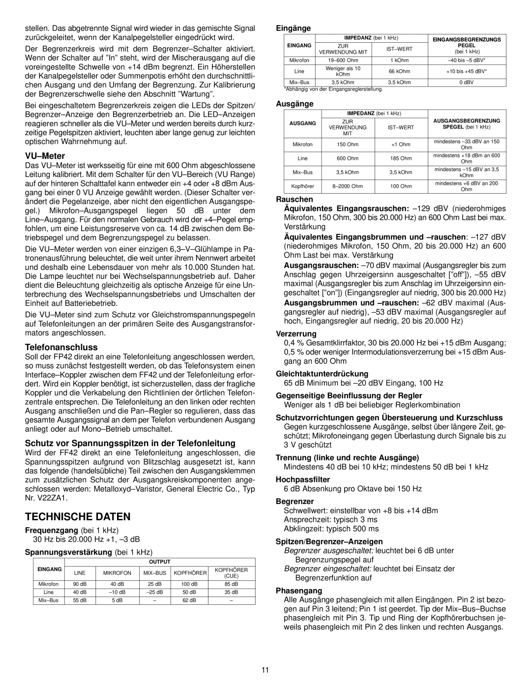 Shure FP42 manual Technische Daten, VU-Meter, Telefonanschluss, Schutz vor Spannungsspitzen in der Telefonleitung 