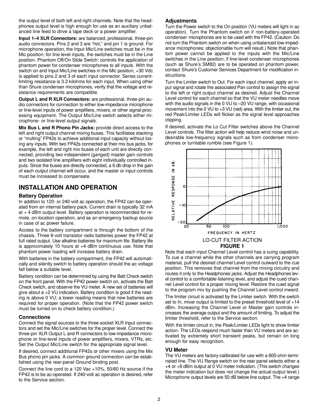 Shure FP42 manual Installation and Operation, Battery Operation, Connections, Adjustments, VU Meter 