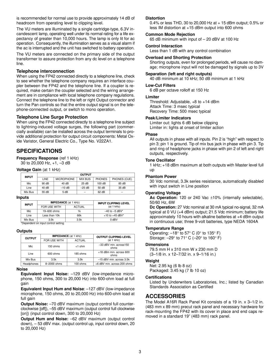 Shure FP42 manual Specifications, Accessories, Telephone interconnection, Telephone Line Surge Protection 