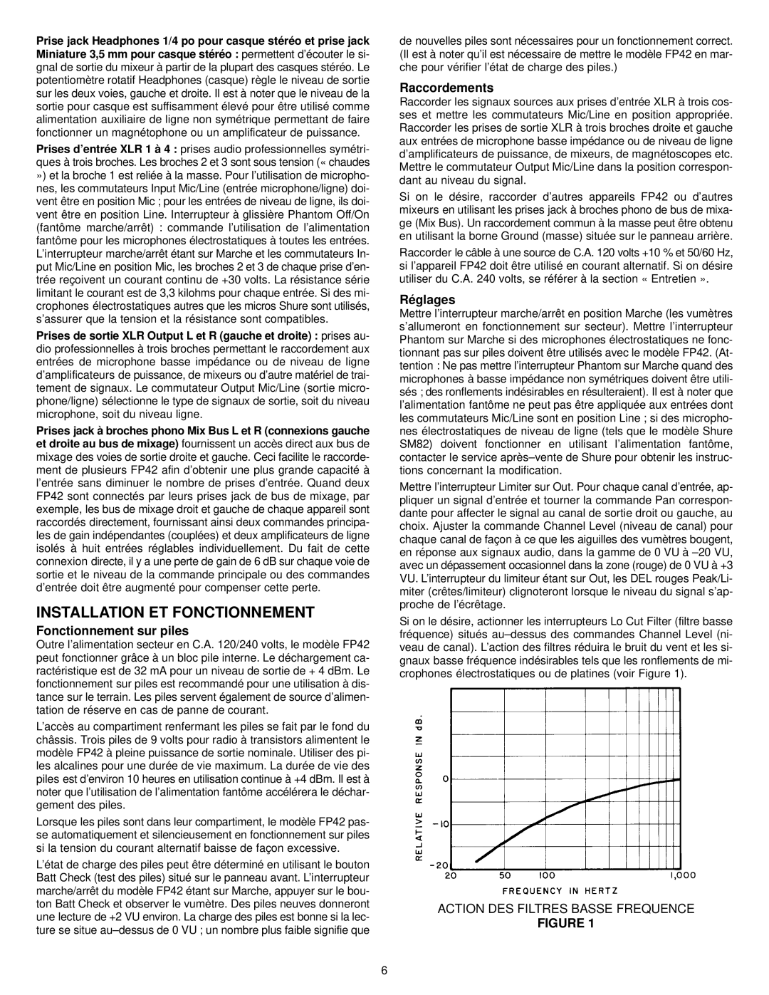 Shure FP42 manual Installation ET Fonctionnement, Fonctionnement sur piles, Raccordements, Réglages 