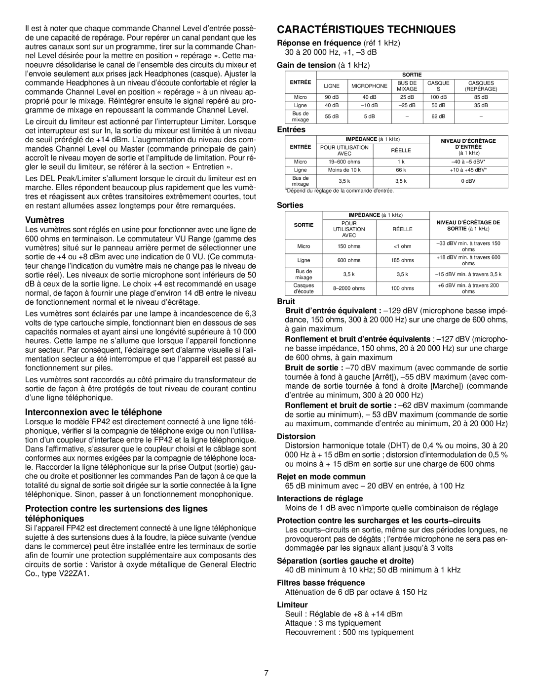 Shure FP42 manual Caractéristiques Techniques, Vumètres, Interconnexion avec le téléphone 