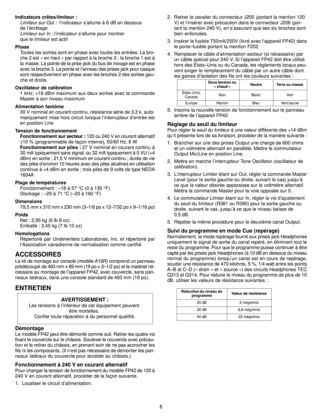 Shure FP42 manual Accessoires, Entretien, Avertissement 