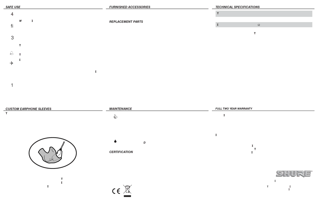 Shure i2c-t manual Safe USE, Furnished Accessories, Replacement Parts, Technical Specifications, Custom Earphone Sleeves 