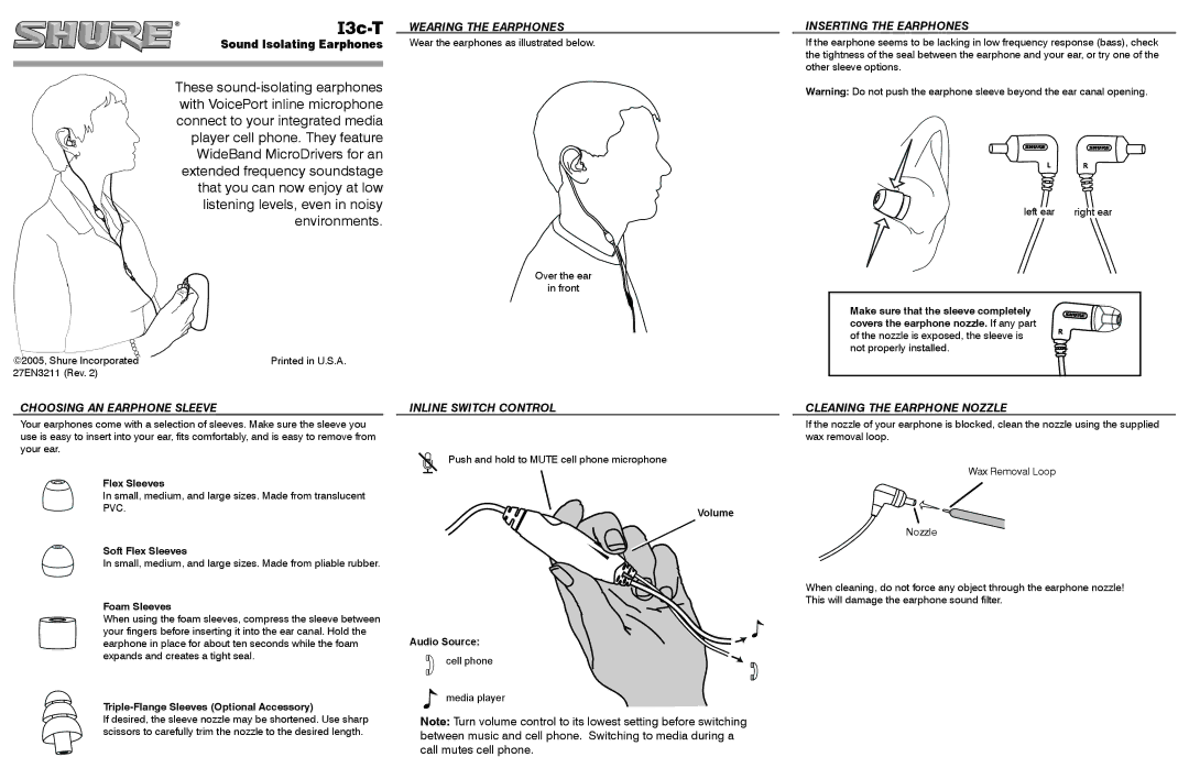 Shure i3c-t manual Wearing the Earphones, Inserting the Earphones, Choosing AN Earphone Sleeve, Inline Switch Control 