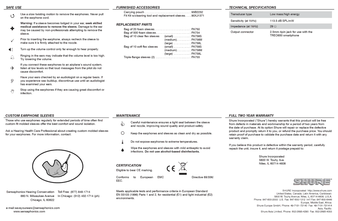 Shure i3c-t manual Safe USE, Furnished Accessories, Replacement Parts, Technical Specifications, Custom Earphone Sleeves 