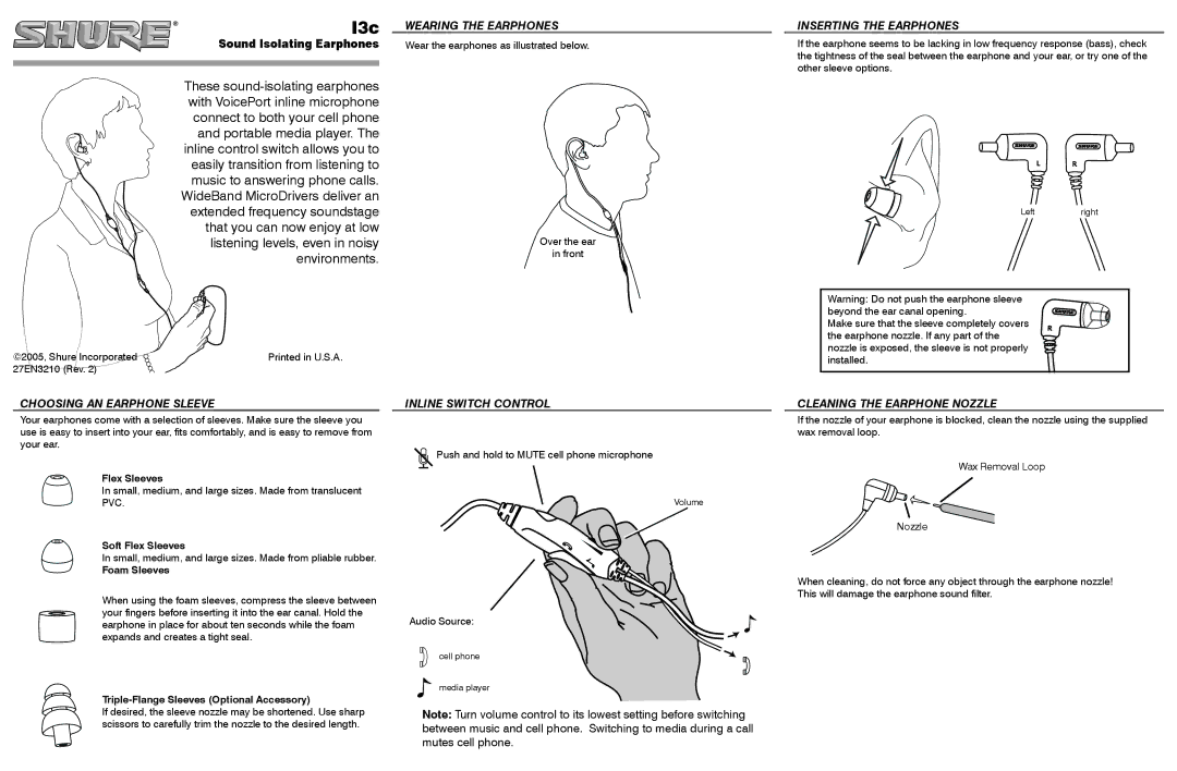 Shure I3C manual Wearing the Earphones, Inserting the Earphones, Choosing AN Earphone Sleeve, Inline Switch Control 