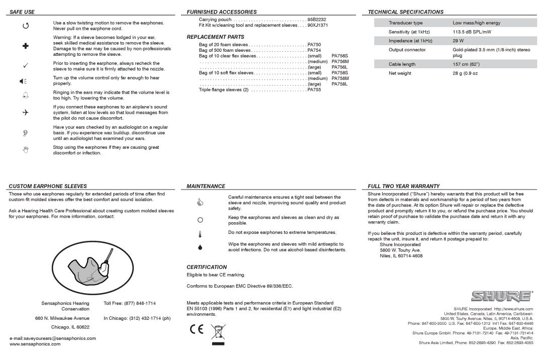 Shure I3C manual Safe USE, Custom Earphone Sleeves, Furnished Accessories, Replacement Parts, Maintenance, Certification 