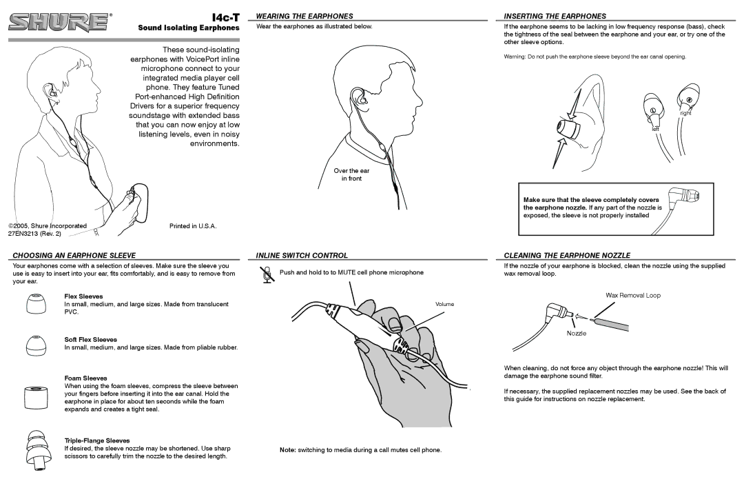 Shure i4c-t manual Wearing the Earphones, Inserting the Earphones, Choosing AN Earphone Sleeve, Inline Switch Control 