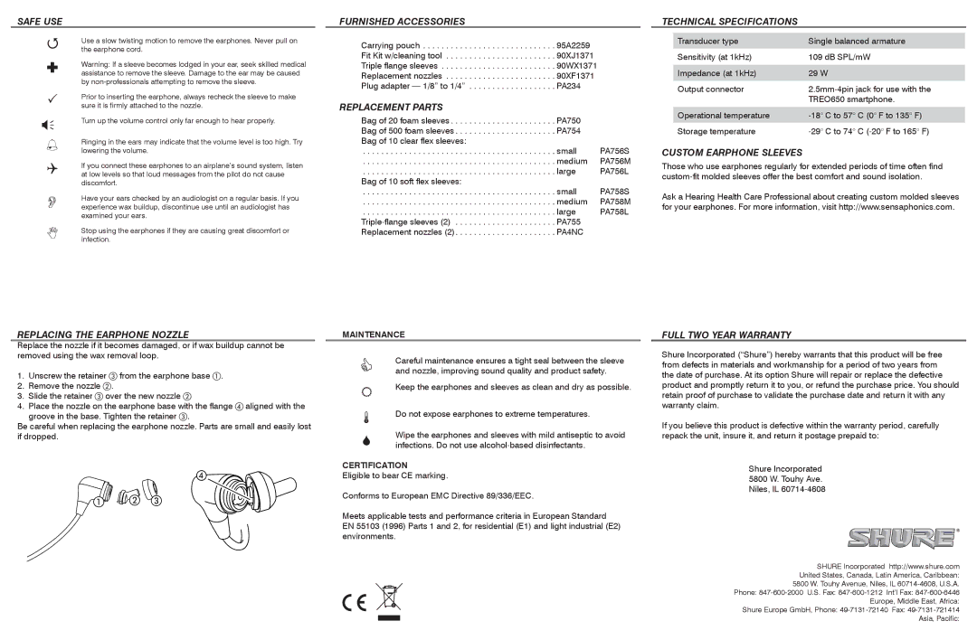 Shure i4c-t Safe USE, Replacing the Earphone Nozzle, Furnished Accessories, Replacement Parts, Technical Specifications 