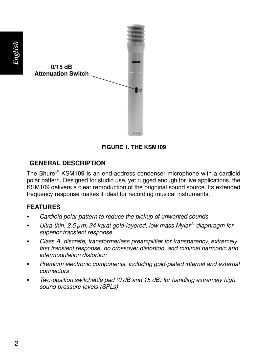 Shure KSM109 manual General Description, Features 