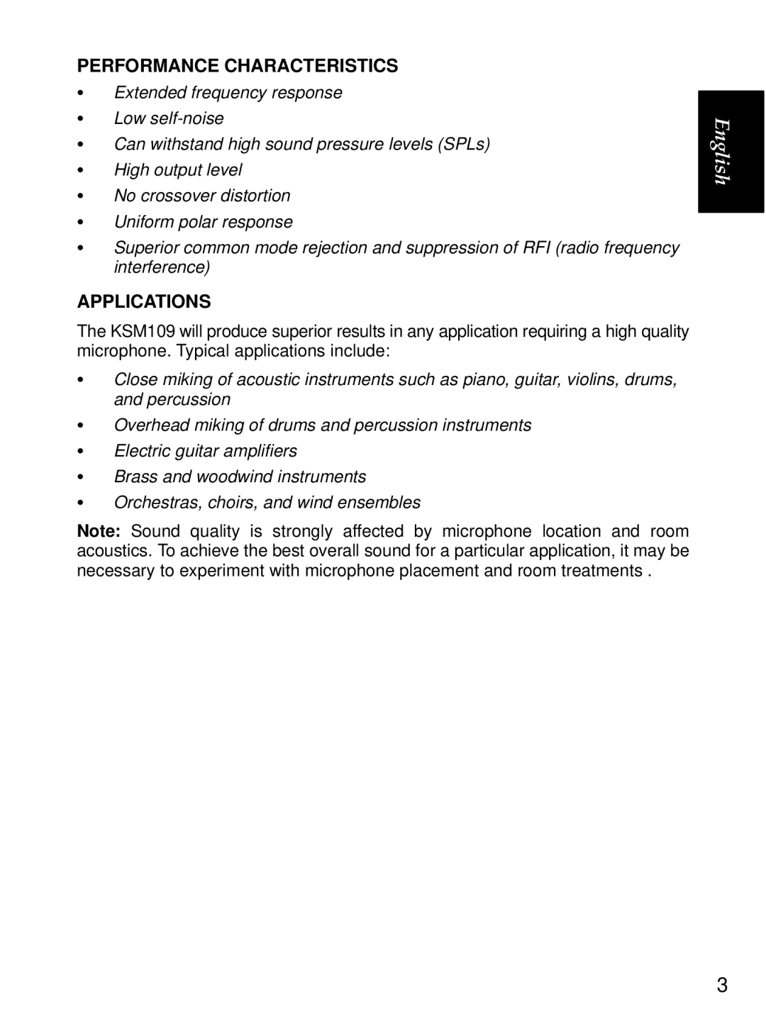 Shure KSM109 manual Performance Characteristics, Applications 