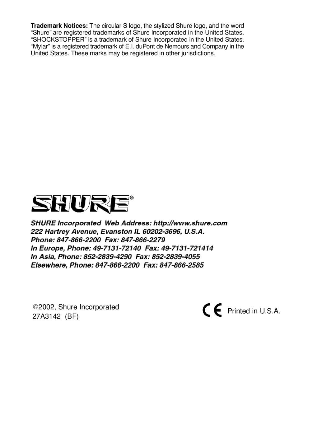 Shure KSM109 manual E2002, Shure Incorporated 27A3142 BF 