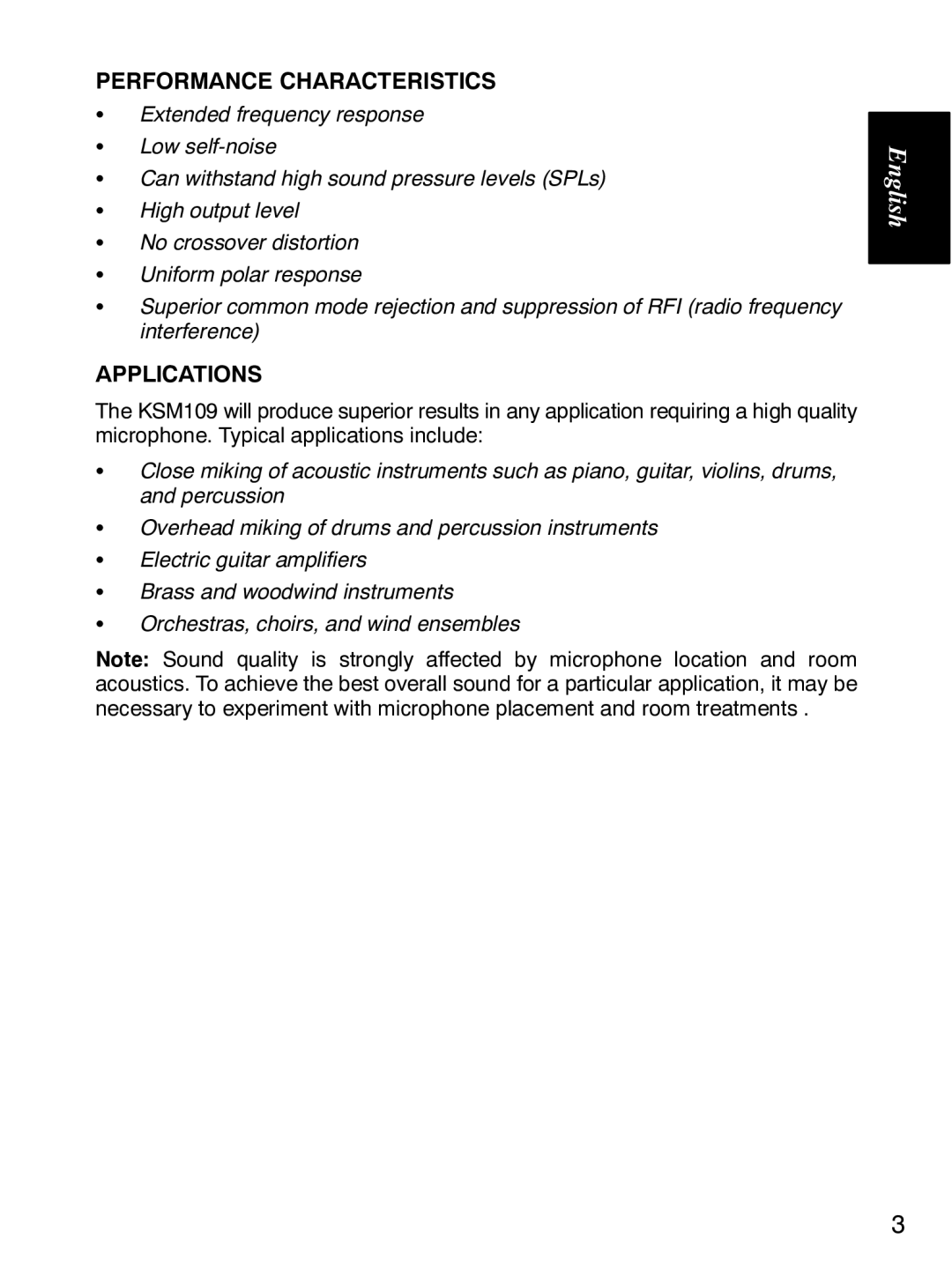 Shure KSM109 manual Performance Characteristics, Applications 