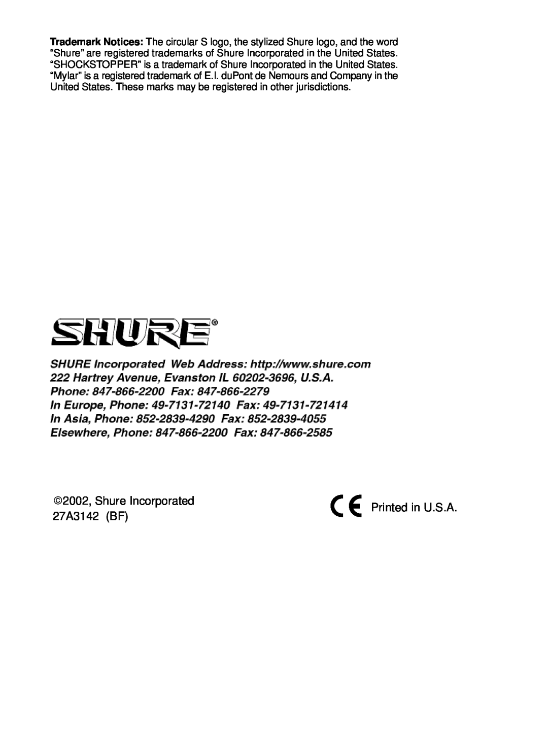 Shure KSM109 manual E2002, Shure Incorporated 27A3142 BF 