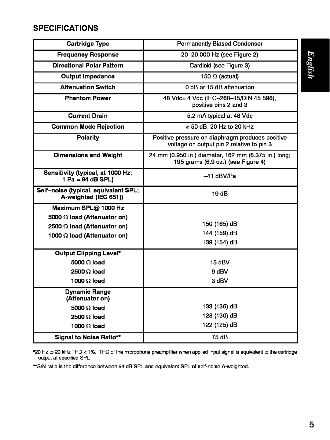 Shure KSM109 manual Specifications, English 