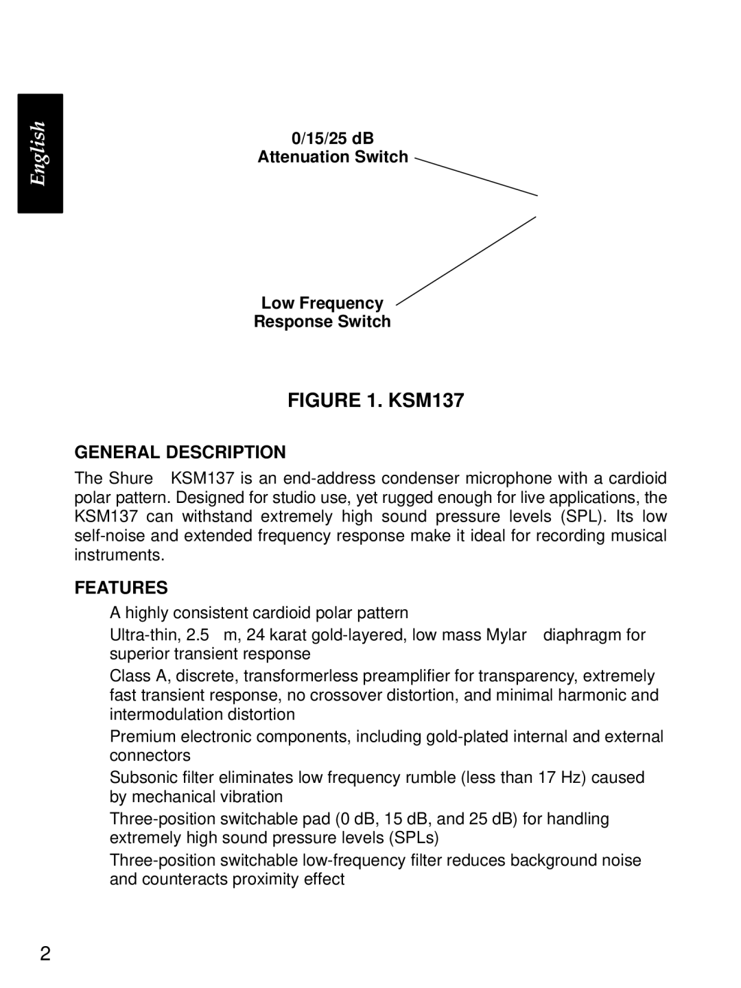 Shure KSM137 manual General Description, Features 