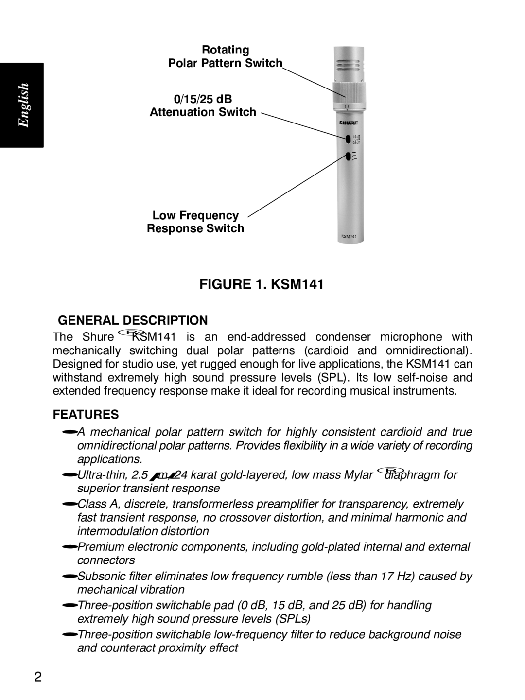 Shure KSM141 manual General Description, Features 